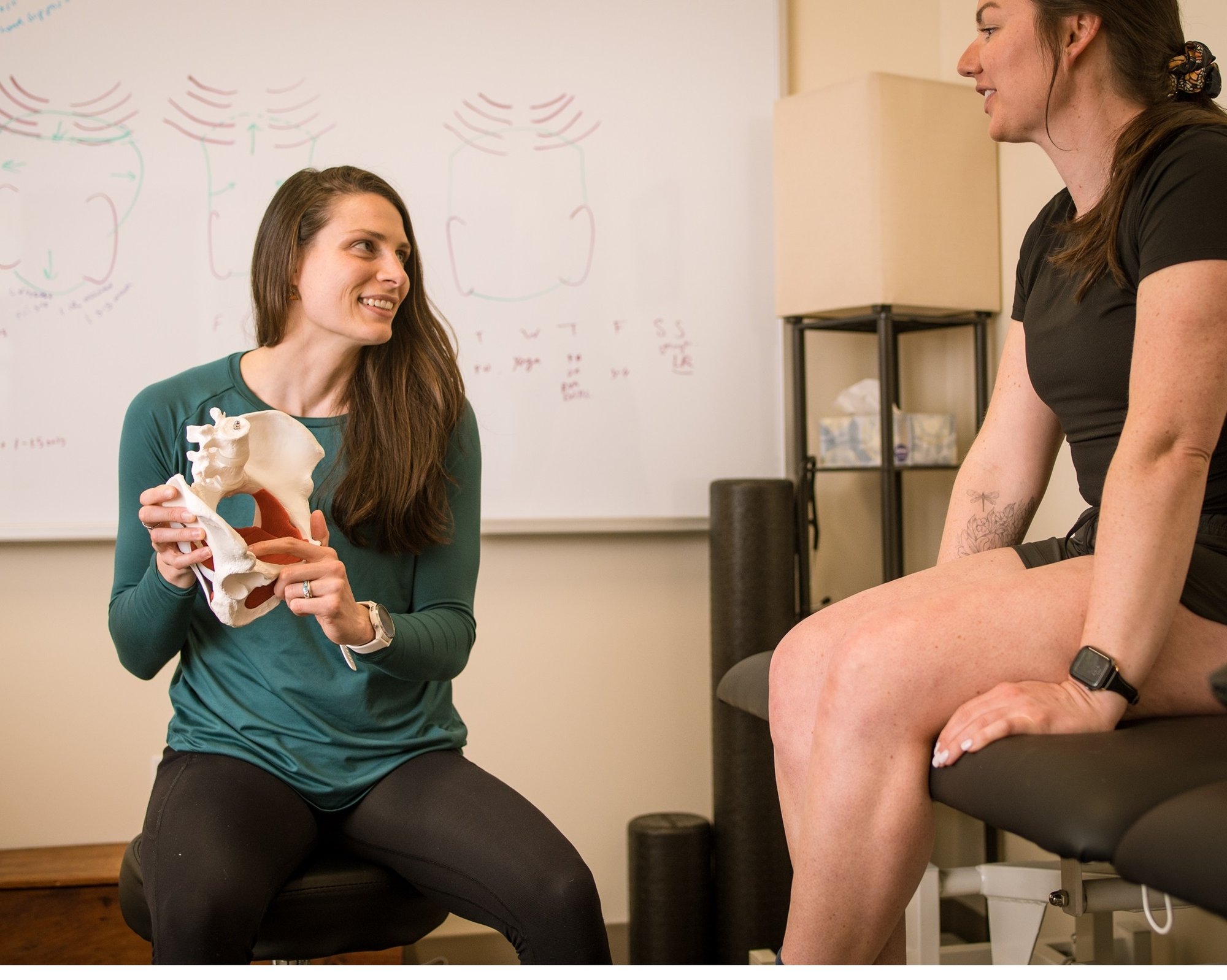 A Portland, Maine Pelvic Floor Physical Therapist educating a patient on the pelvic floor anatomy.