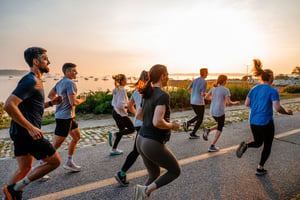 A group of runners on a coastal path at sunrise in Portland, Maine